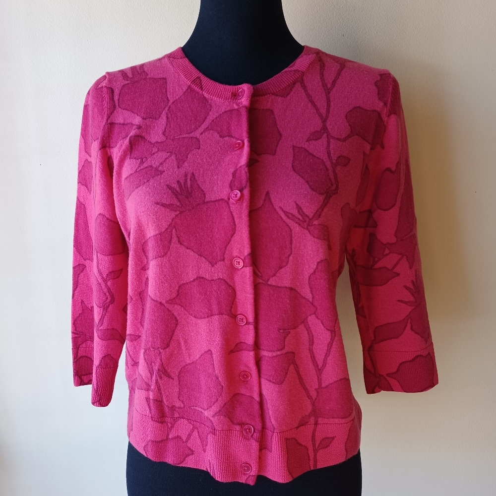 Talbots Pure Merino Wool Raspberry Red Rosebud Floral Crop Cardigan Sweater